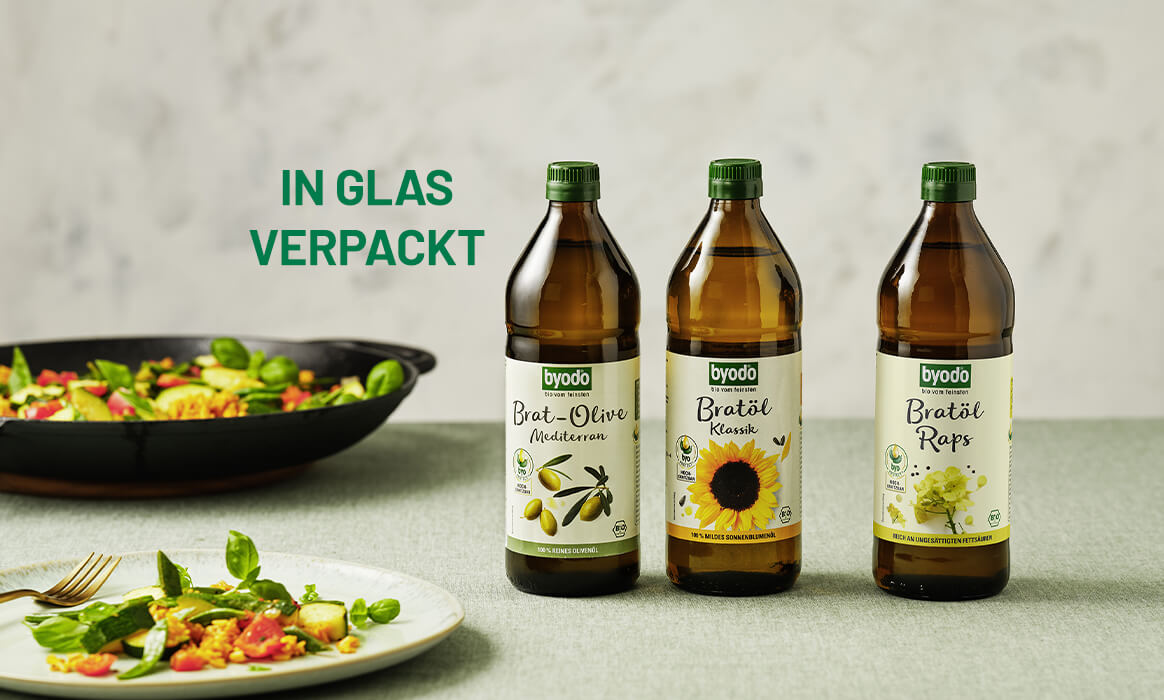 Byodo Bratöle auf Moodbild mit spanischer Paella in Schrift getippt in Glas verpackt